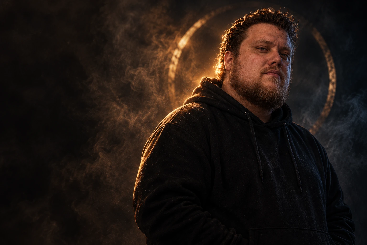 An editorial portrait of TYKØ in a black hoodie with warm bronze studio lighting